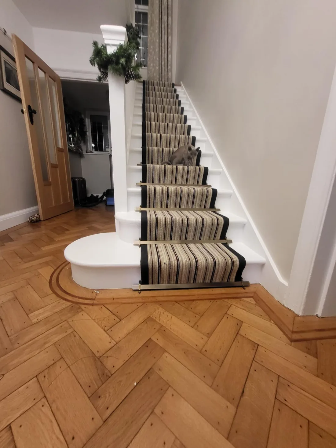 Striped stair runner over herringbone parquet, fitted by Park Flooring (1)