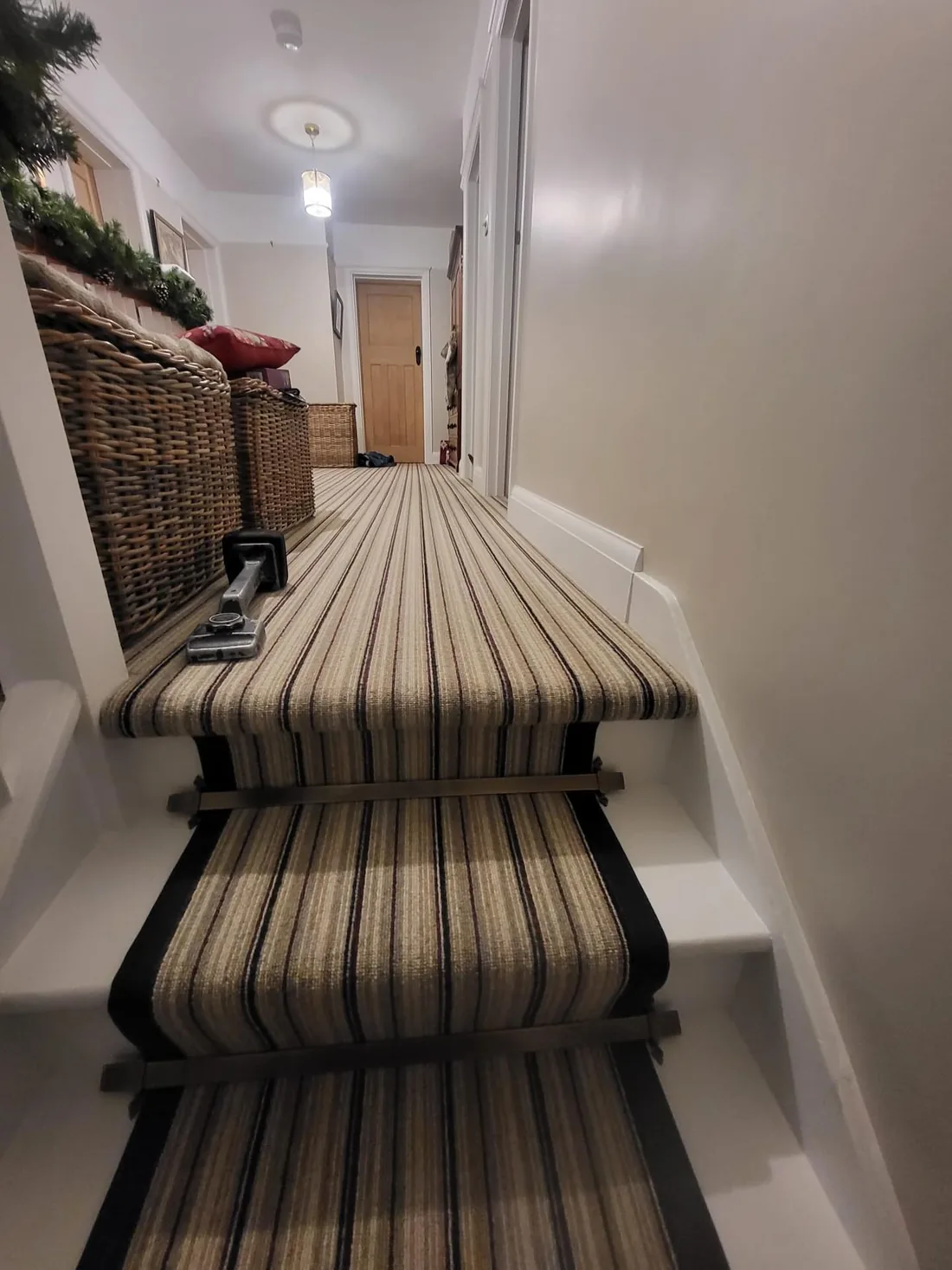 Striped stair runner over herringbone parquet, fitted by Park Flooring (3)