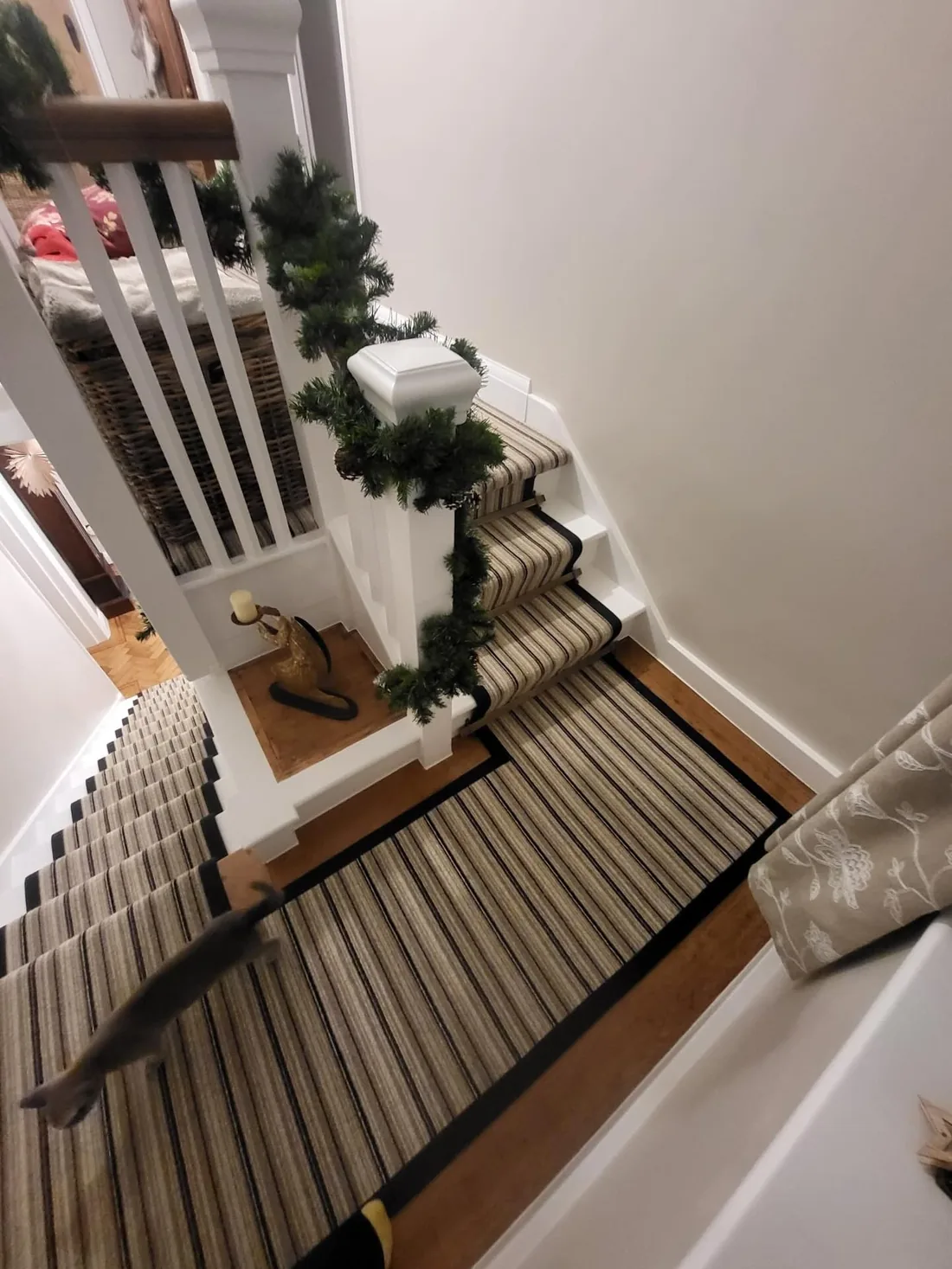 Striped stair runner over herringbone parquet, fitted by Park Flooring (4)