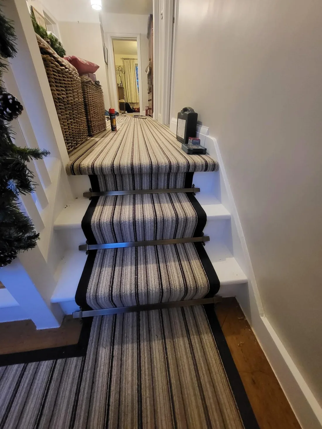 Striped stair runner over herringbone parquet, fitted by Park Flooring (5)