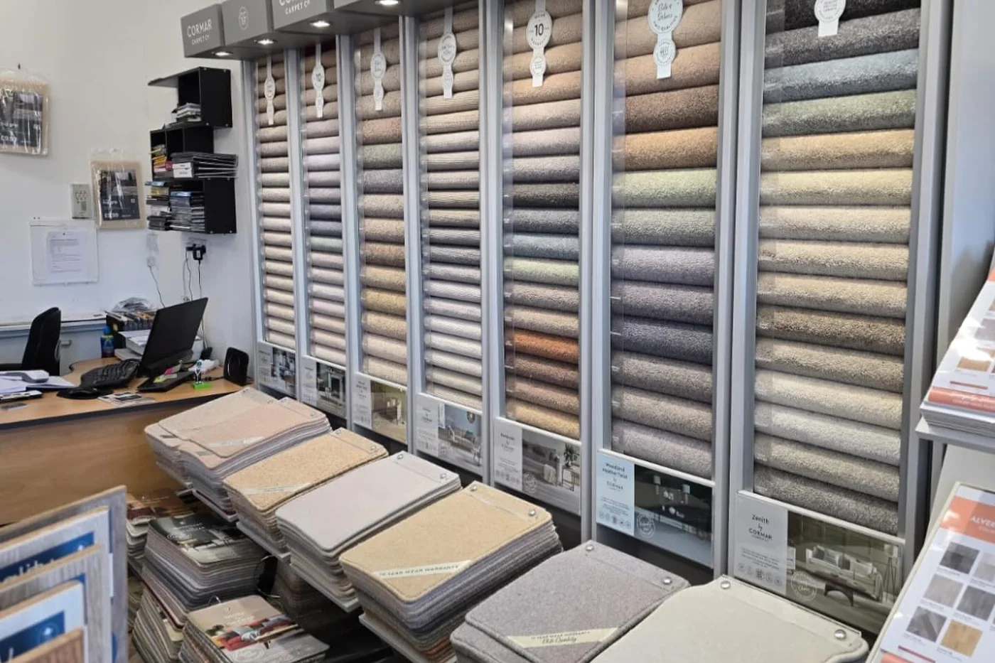 Cormar sample stands and carpet books in the Brassey Avenue showroom