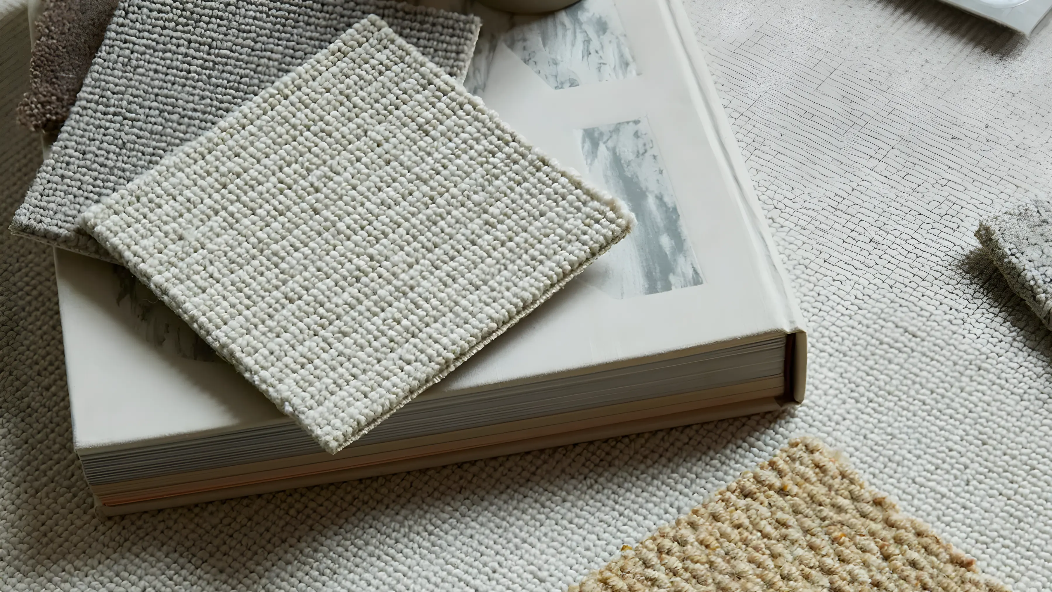 Carpet sample books open on a counter