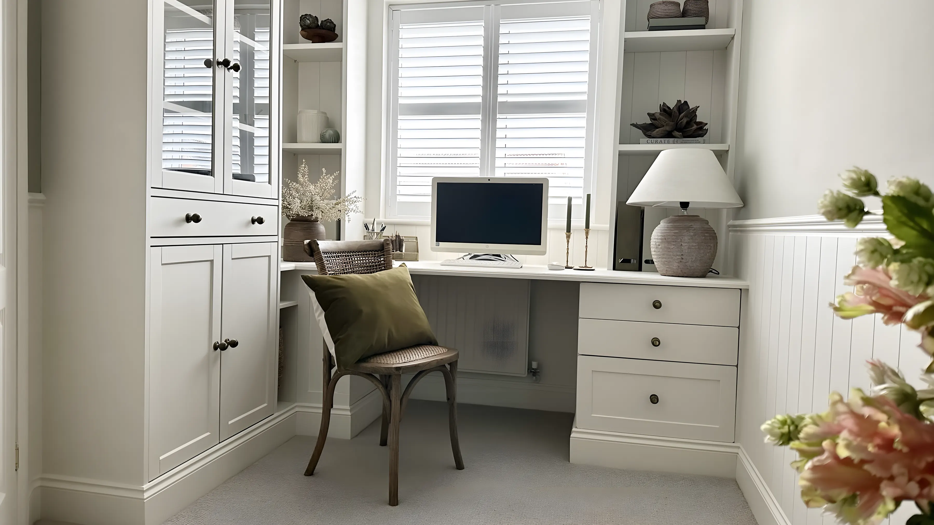 A home office with a soft cream carpet and fitted white cabinets