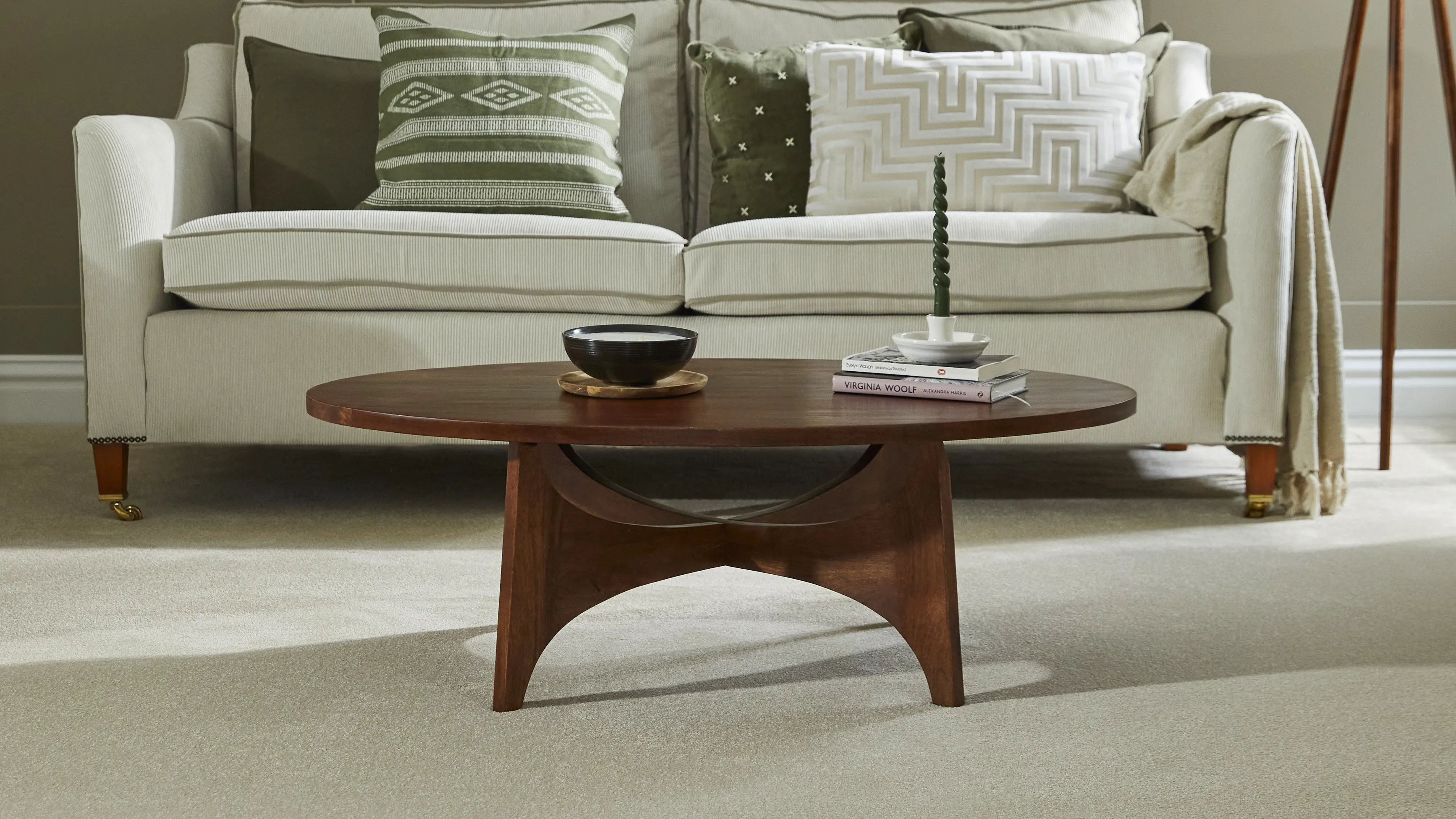 A panelled living room with a pale wool carpet from the Cormar range