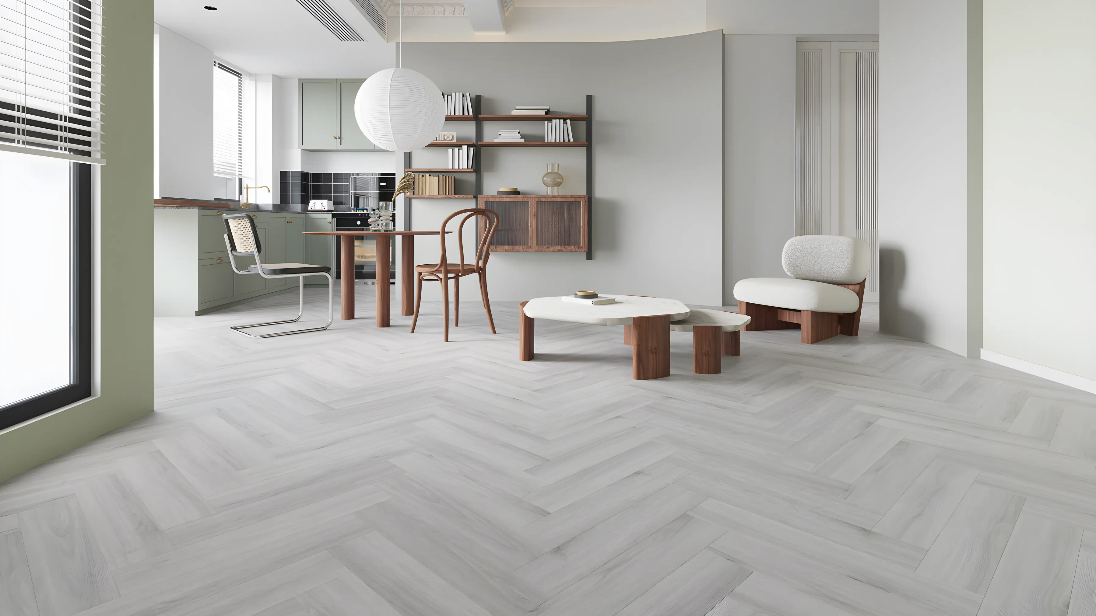 Grey oak herringbone luxury vinyl tile in an open plan kitchen and dining room