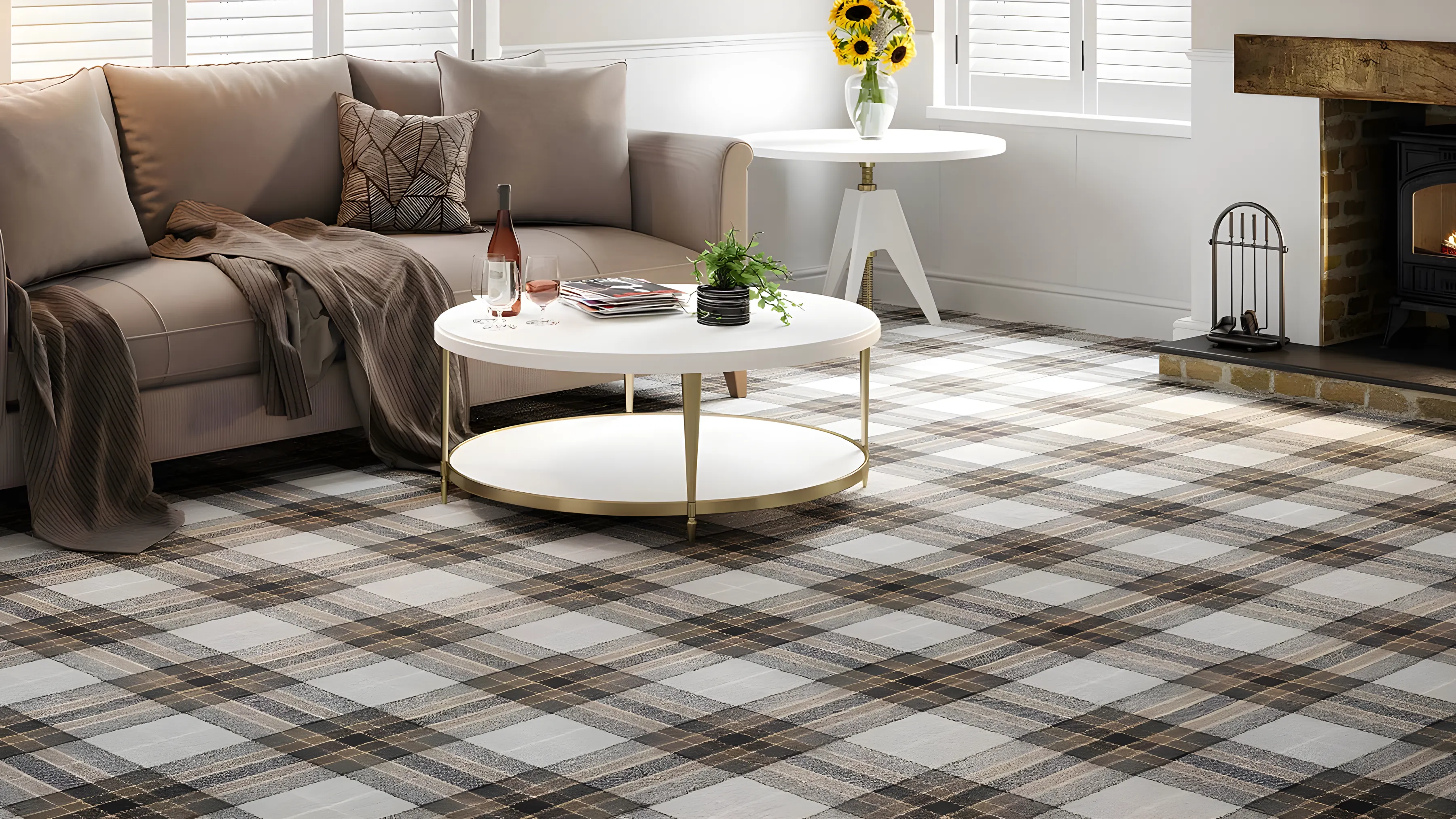 A tartan Wilton carpet in a sitting room with a log burner