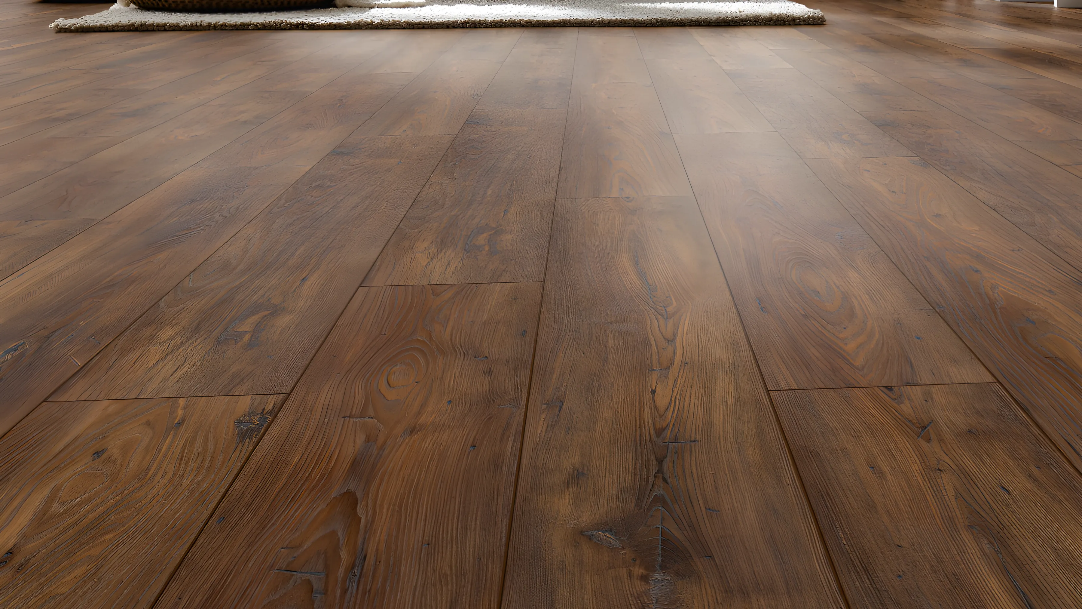 Dark oak laminate planks running through a bright living room