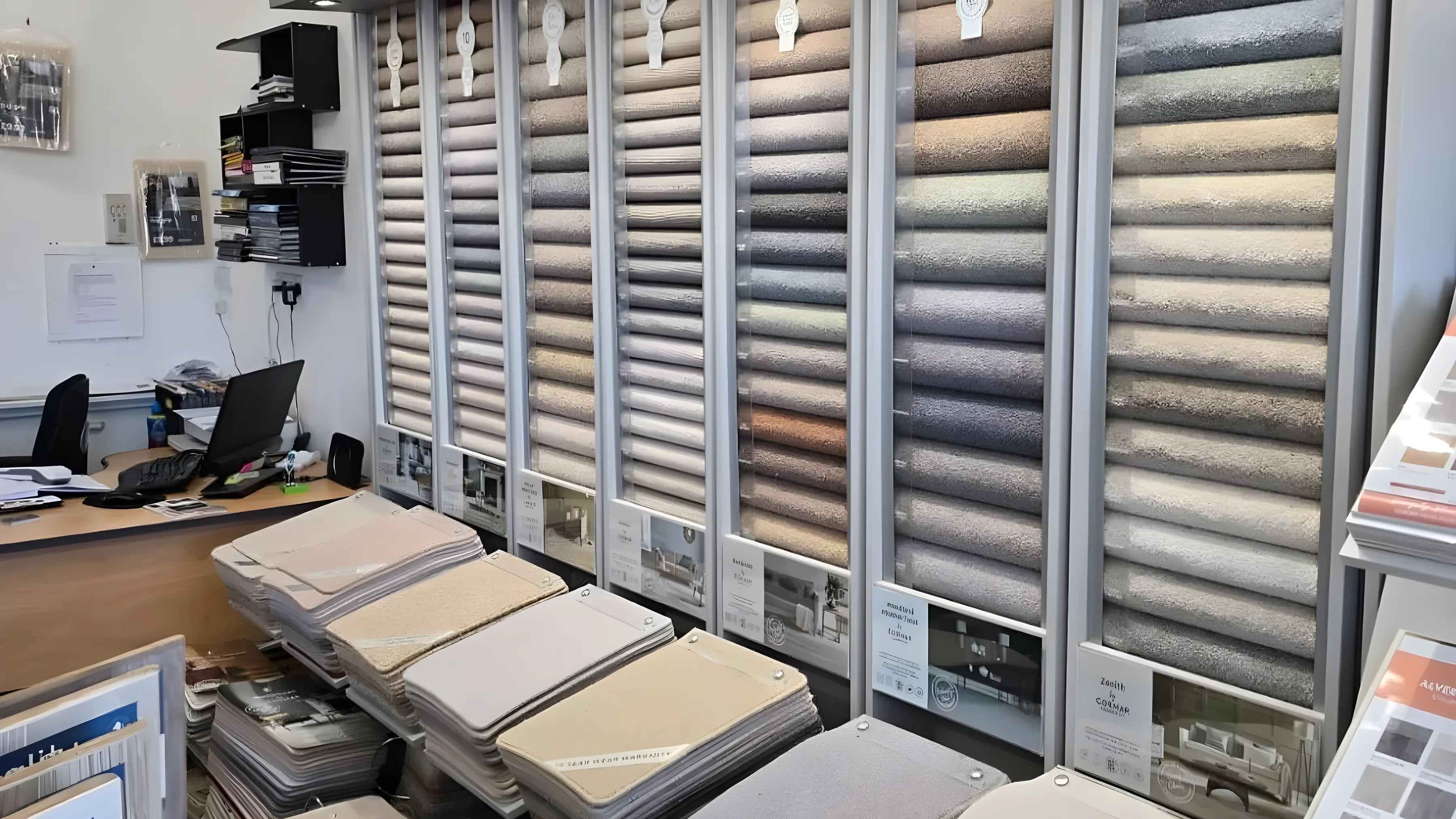 Carpet sample stands inside the Park Flooring shop on Brassey Avenue