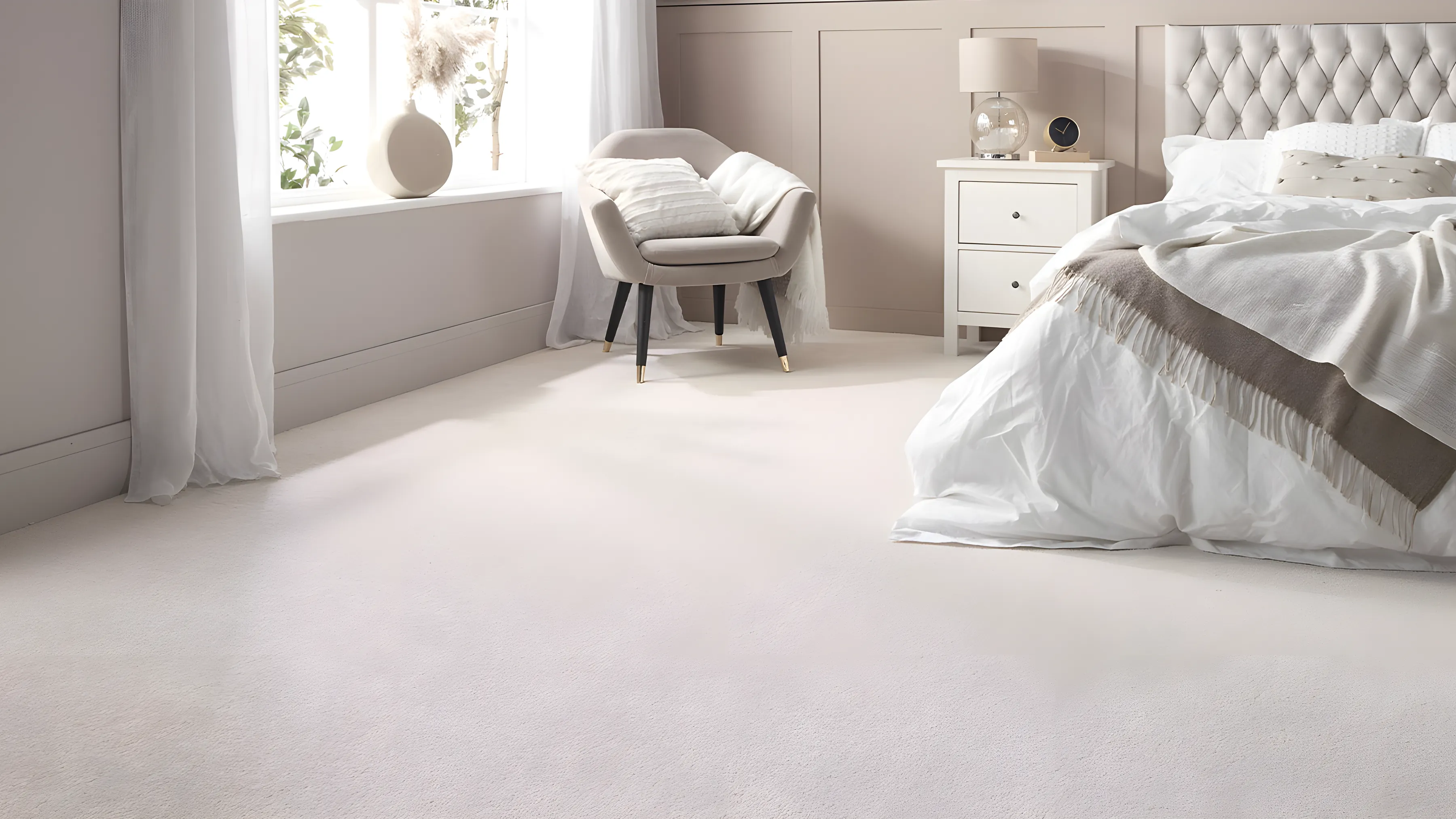 A white bedroom with a pale carpet and an upholstered bed