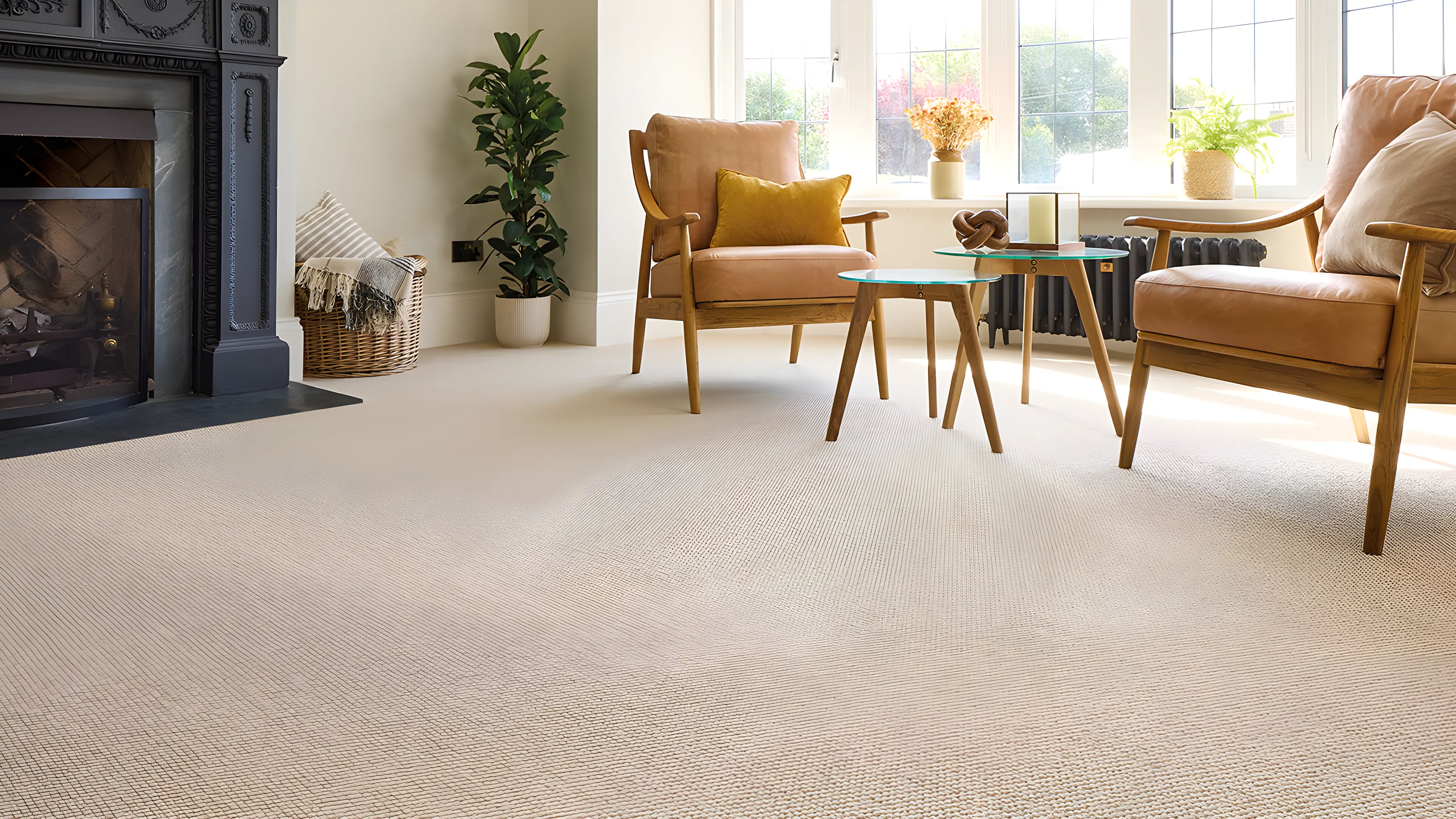 A cream carpet fitted through a sitting room with a fireplace and two armchairs