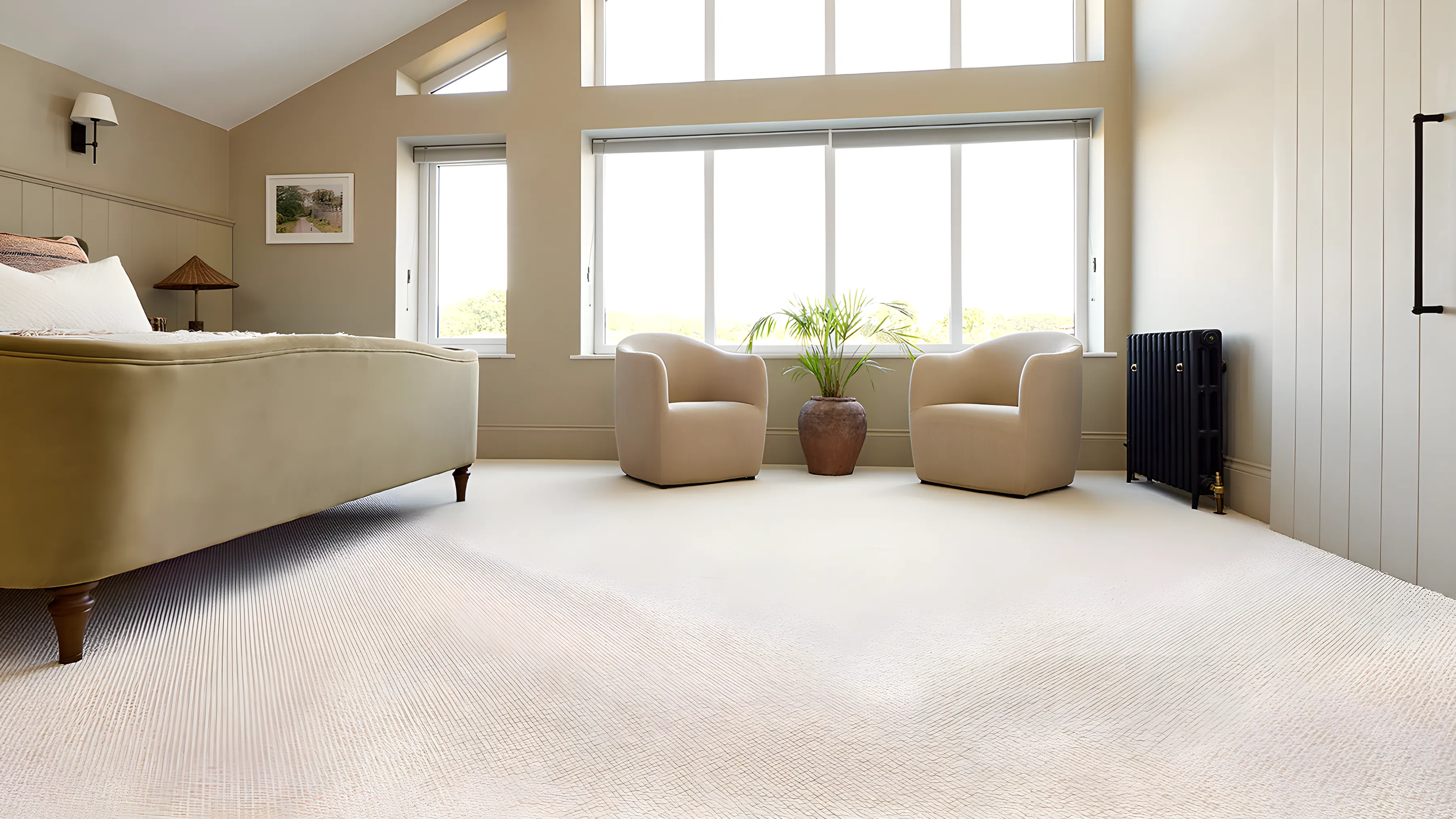 A bright sitting room with a green sofa and a pale carpet