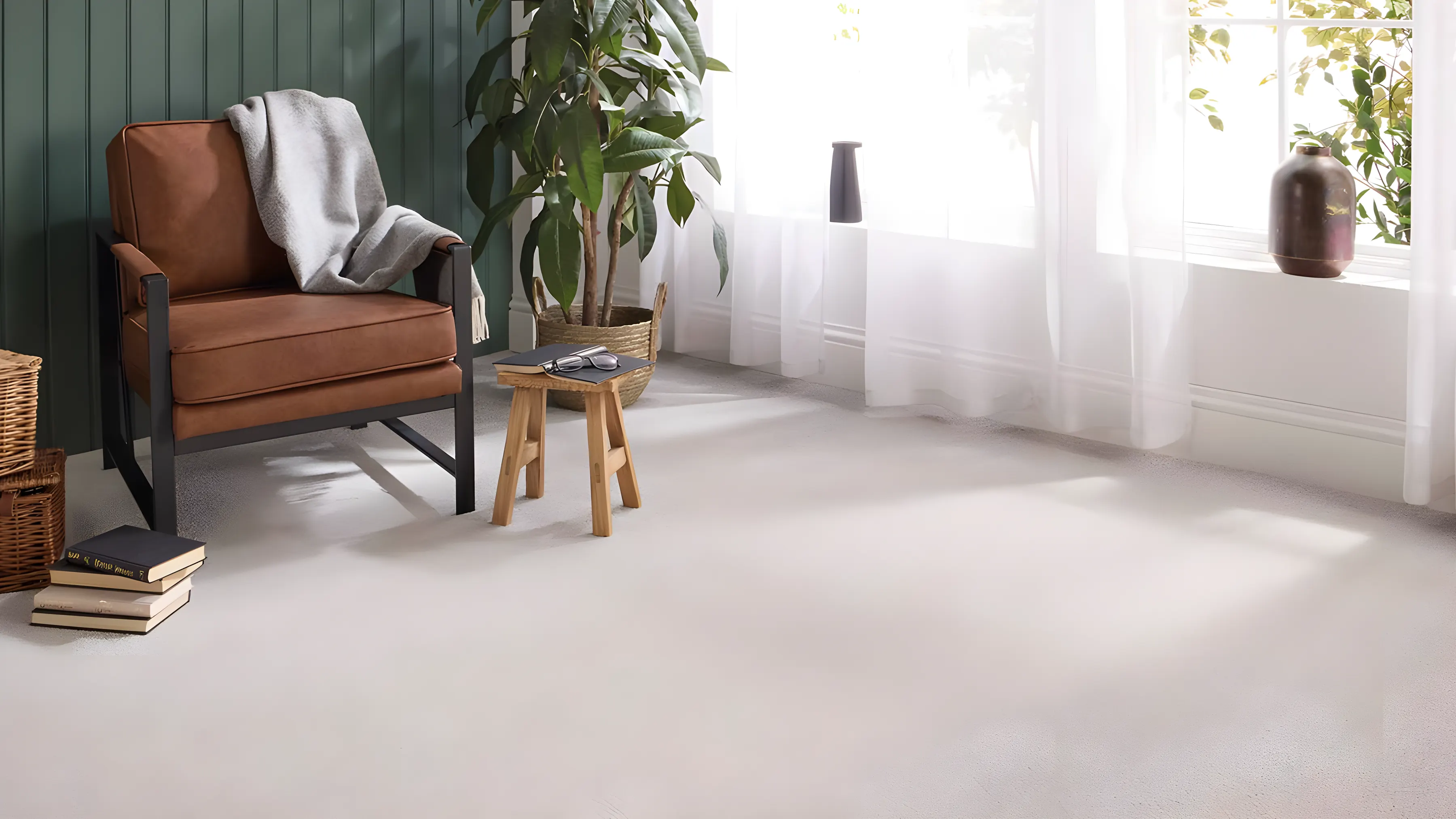 A berber carpet in a sitting room with a green panelled wall and a leather armchair