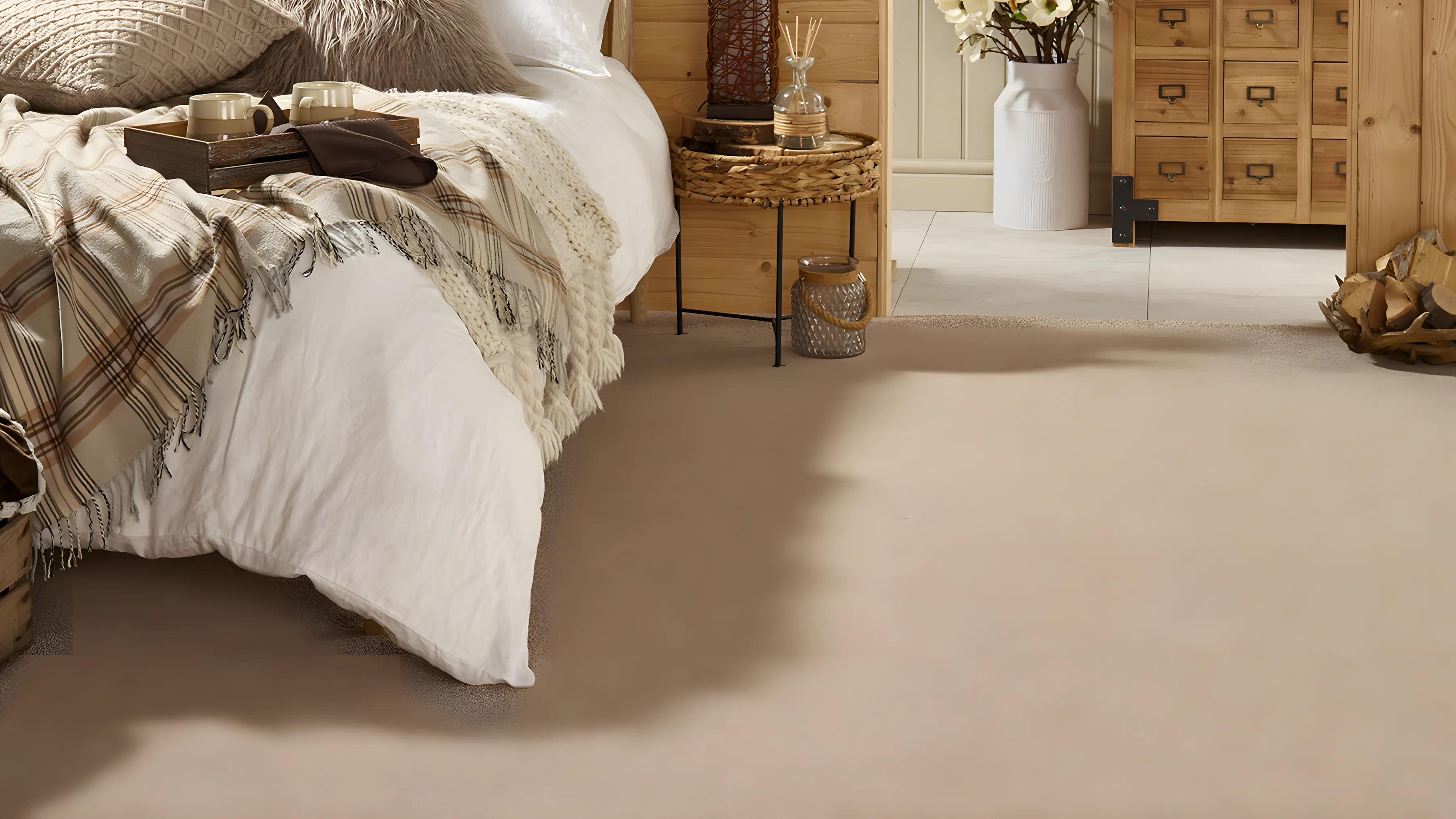 A warm bedroom with a soft neutral carpet and woven baskets