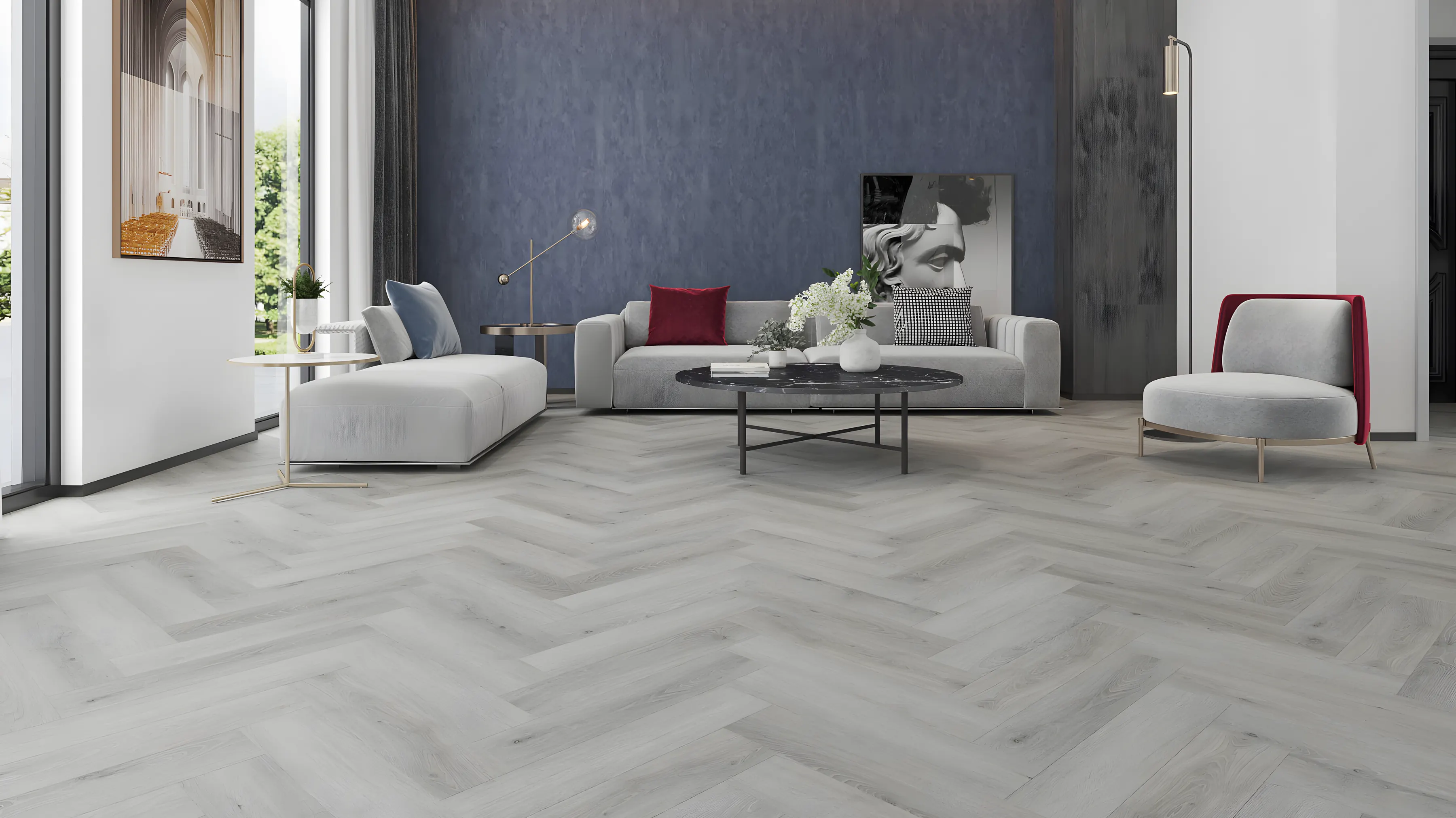 Grey oak herringbone luxury vinyl tile in an open plan living room