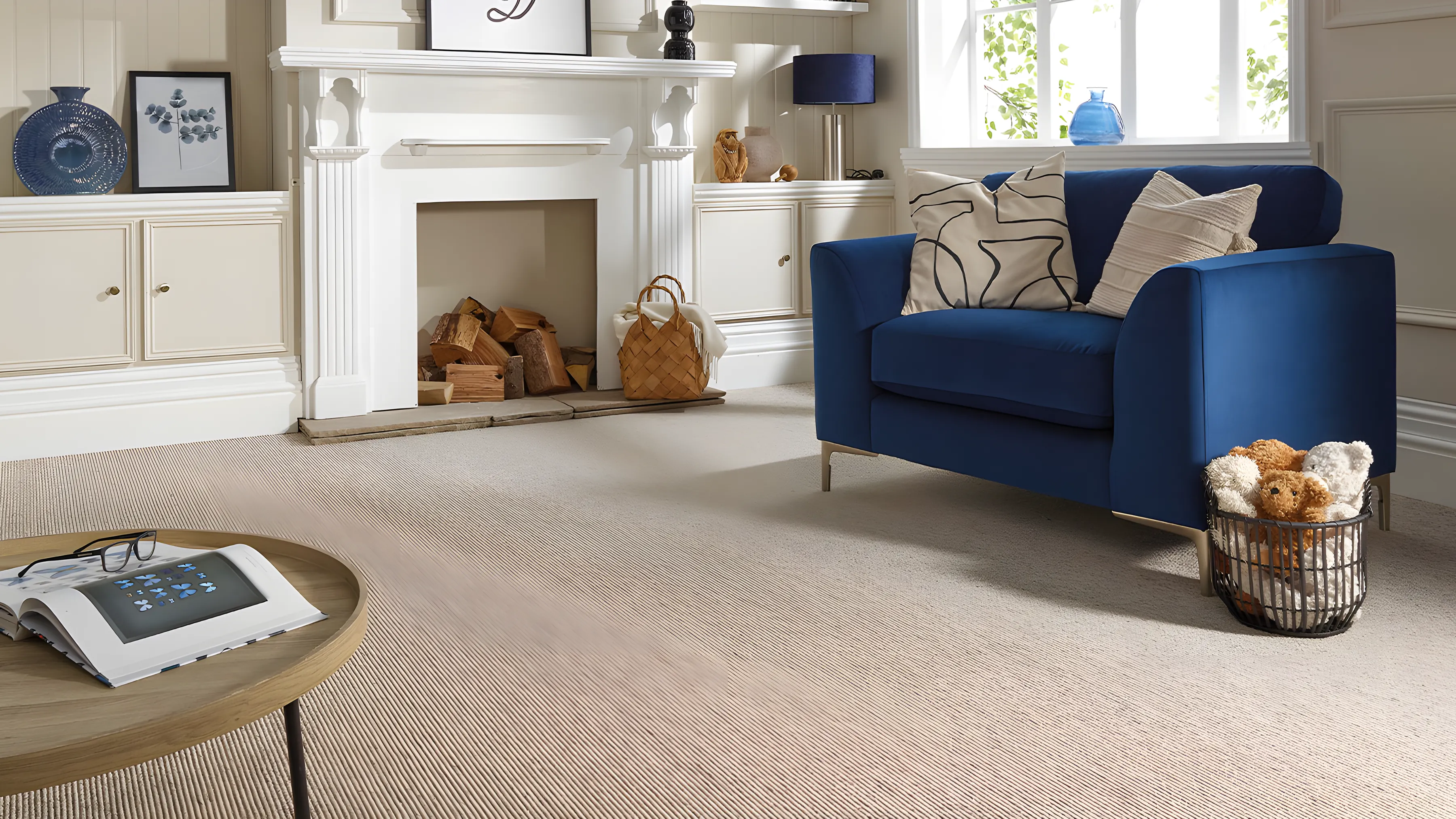 A cream carpet in a sitting room with a blue armchair and a fireplace