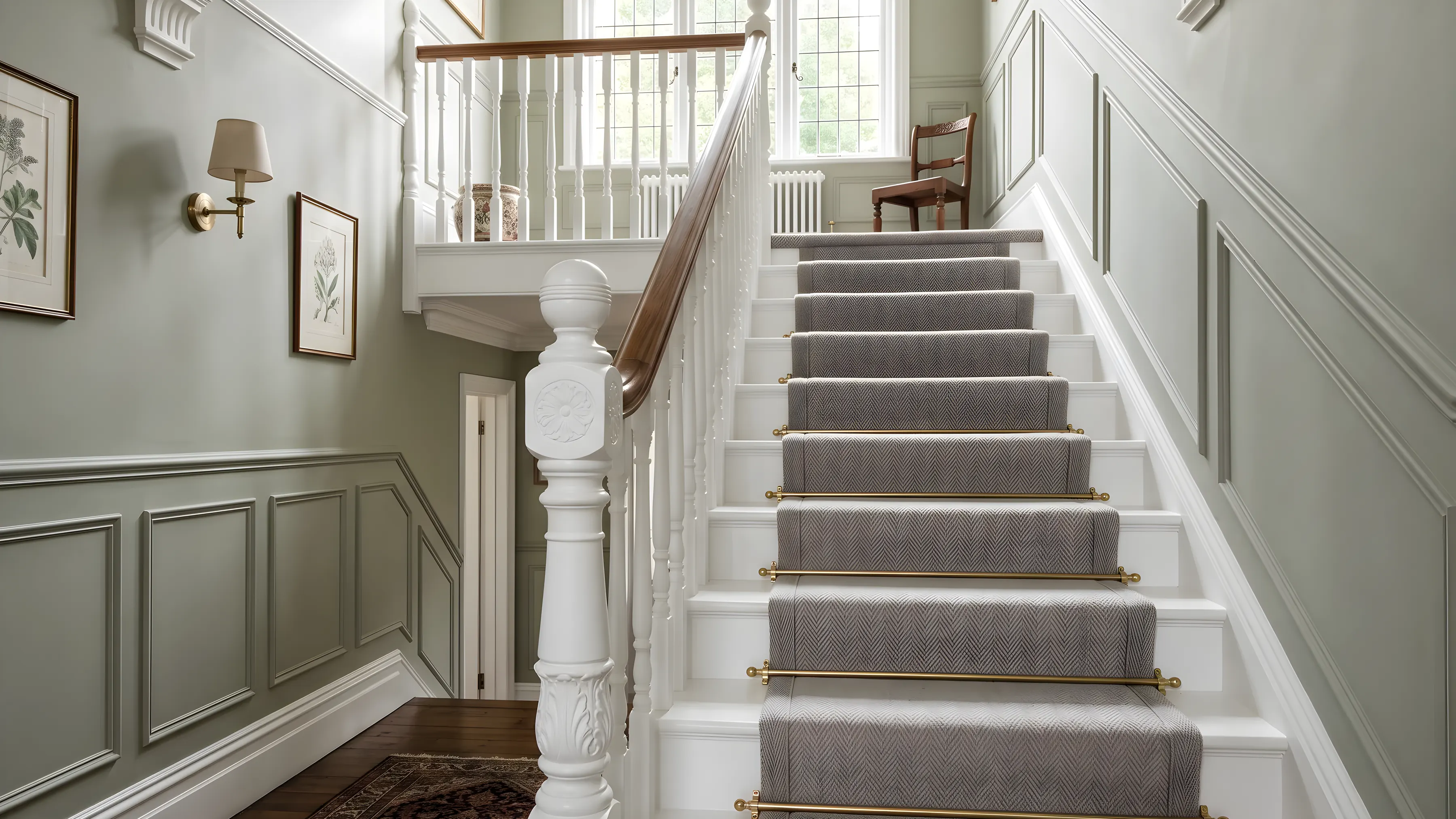 A carpeted staircase rising from a panelled hall