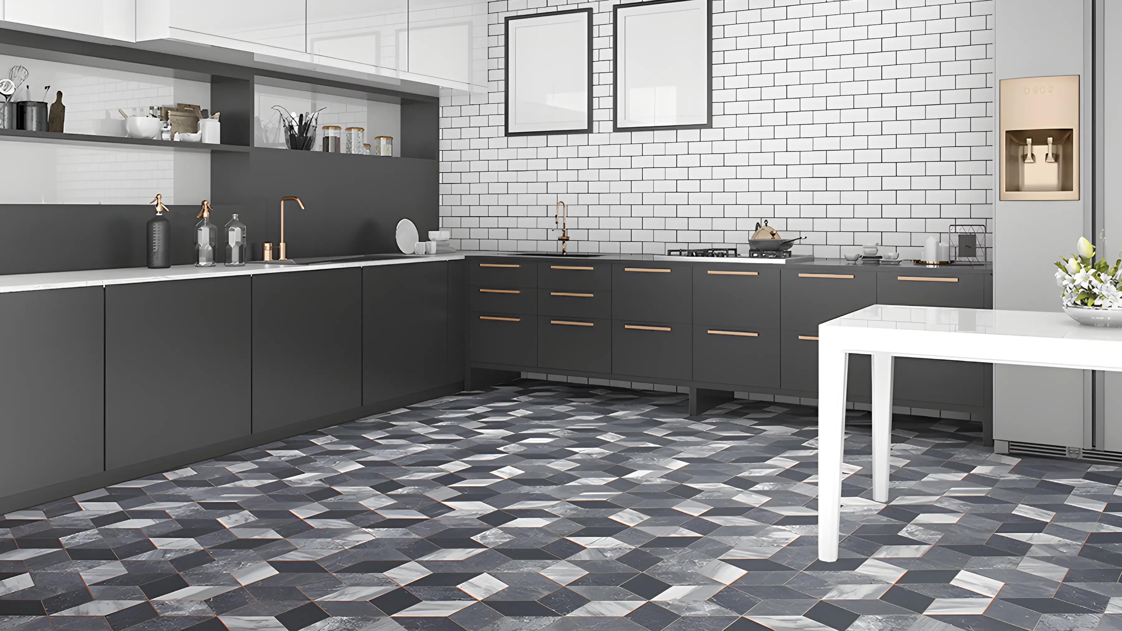 Geometric sheet vinyl in a modern grey kitchen