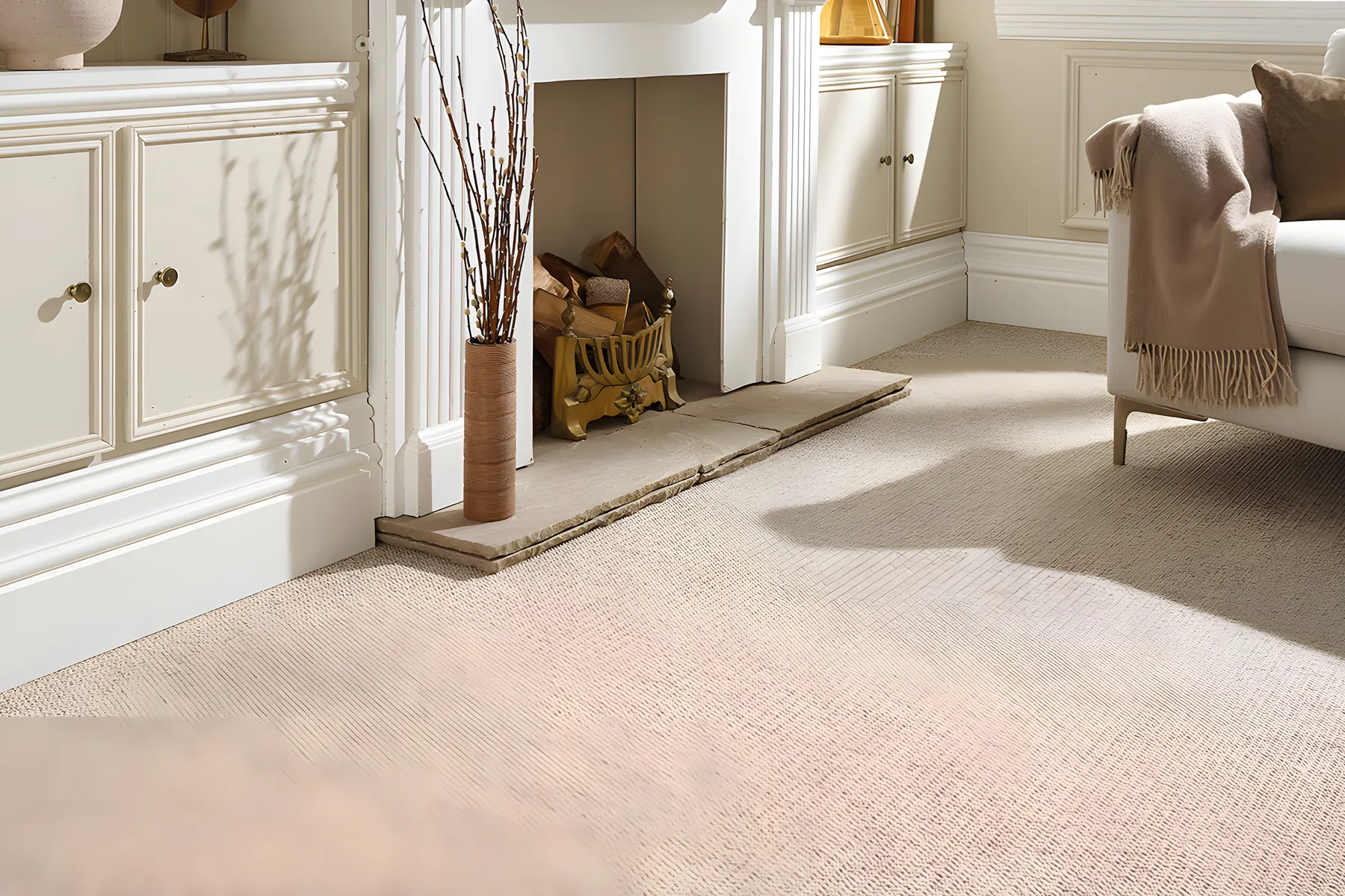 A cream carpet in a sitting room with a fireplace and an armchair