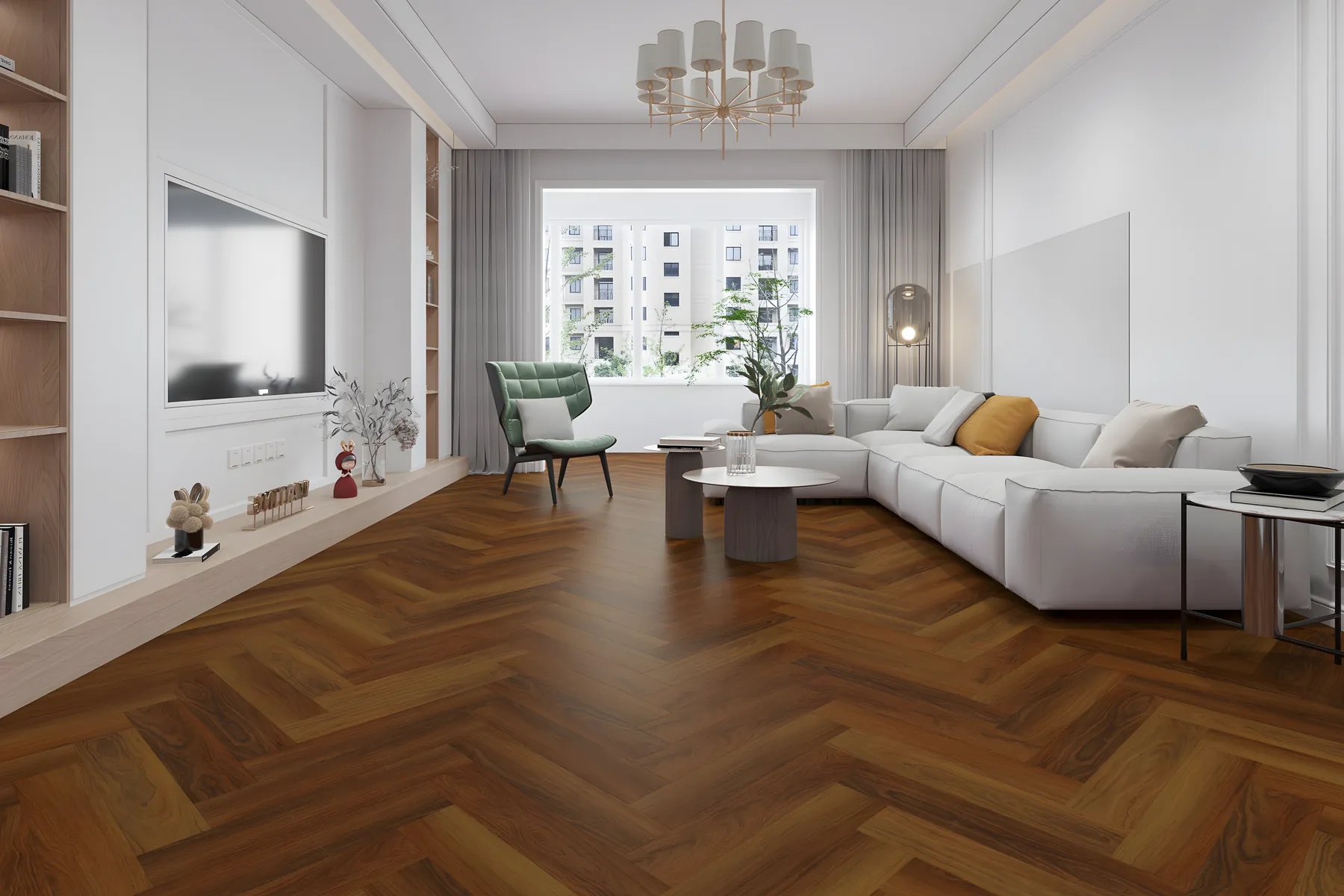 Warm oak herringbone LVT in an open plan living space