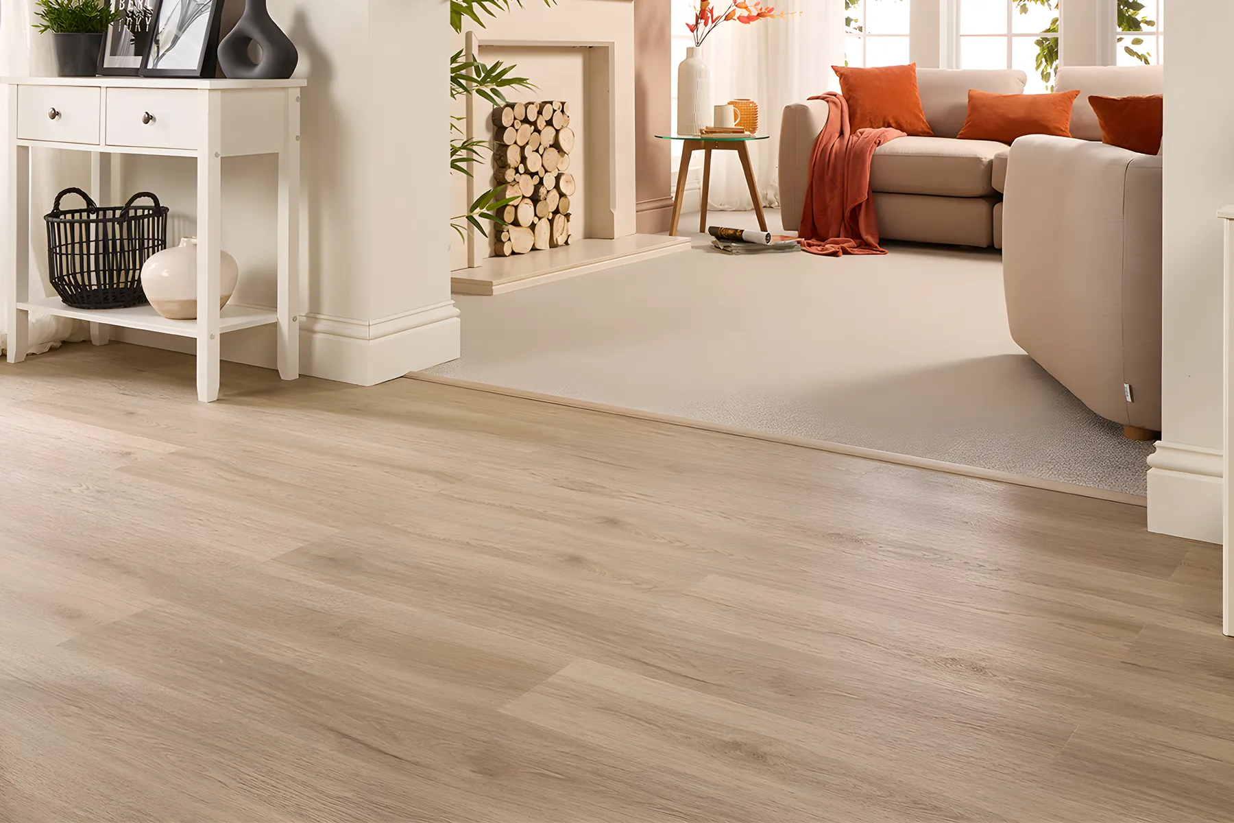 Wood effect LVT running through a hallway