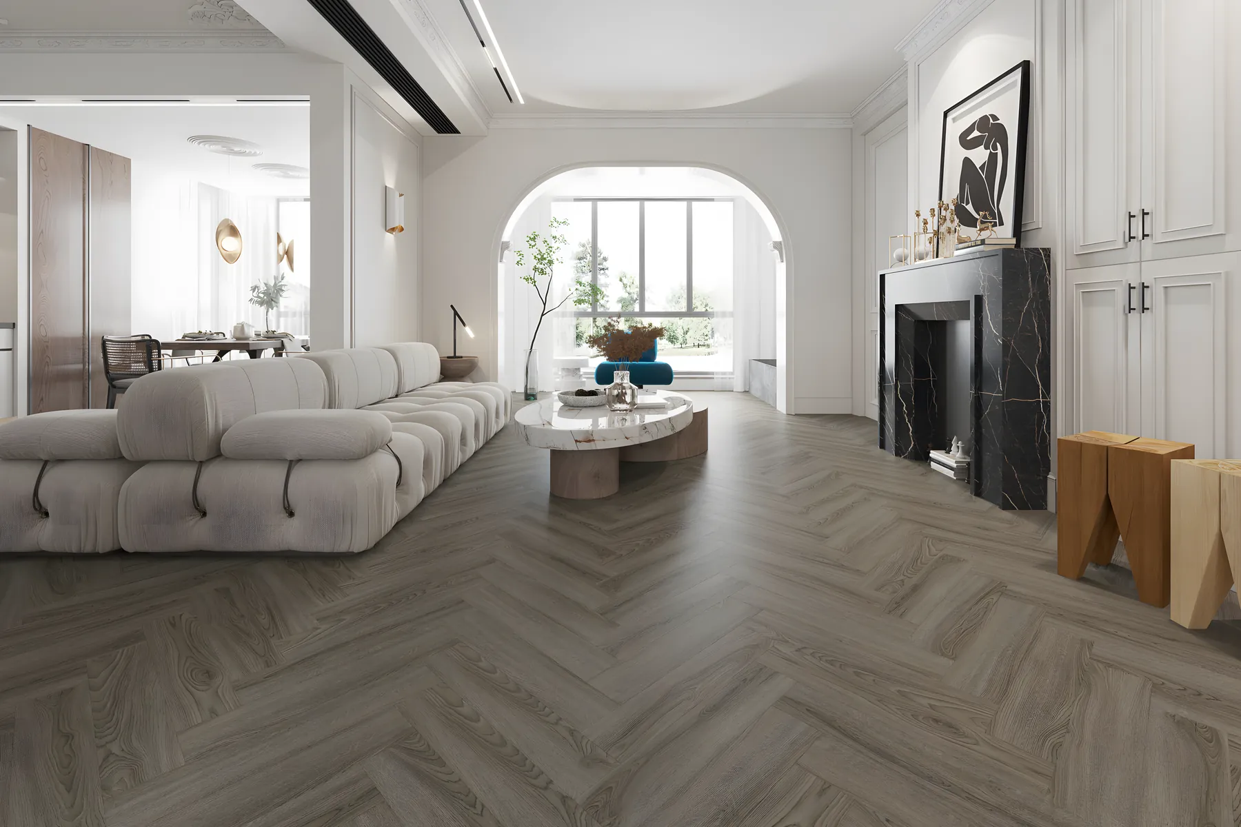Grey plank LVT in a living room with a fireplace