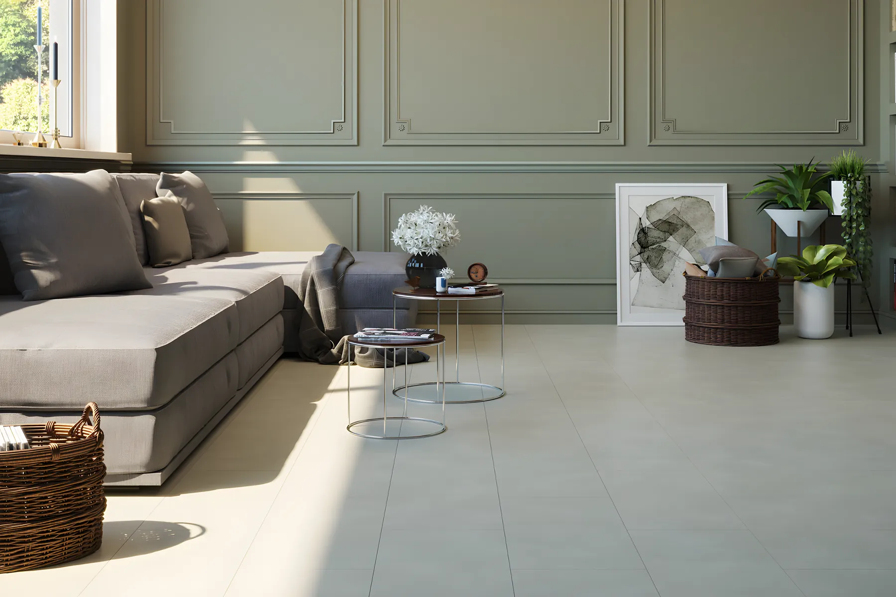 Herringbone luxury vinyl with a sofa and a log basket