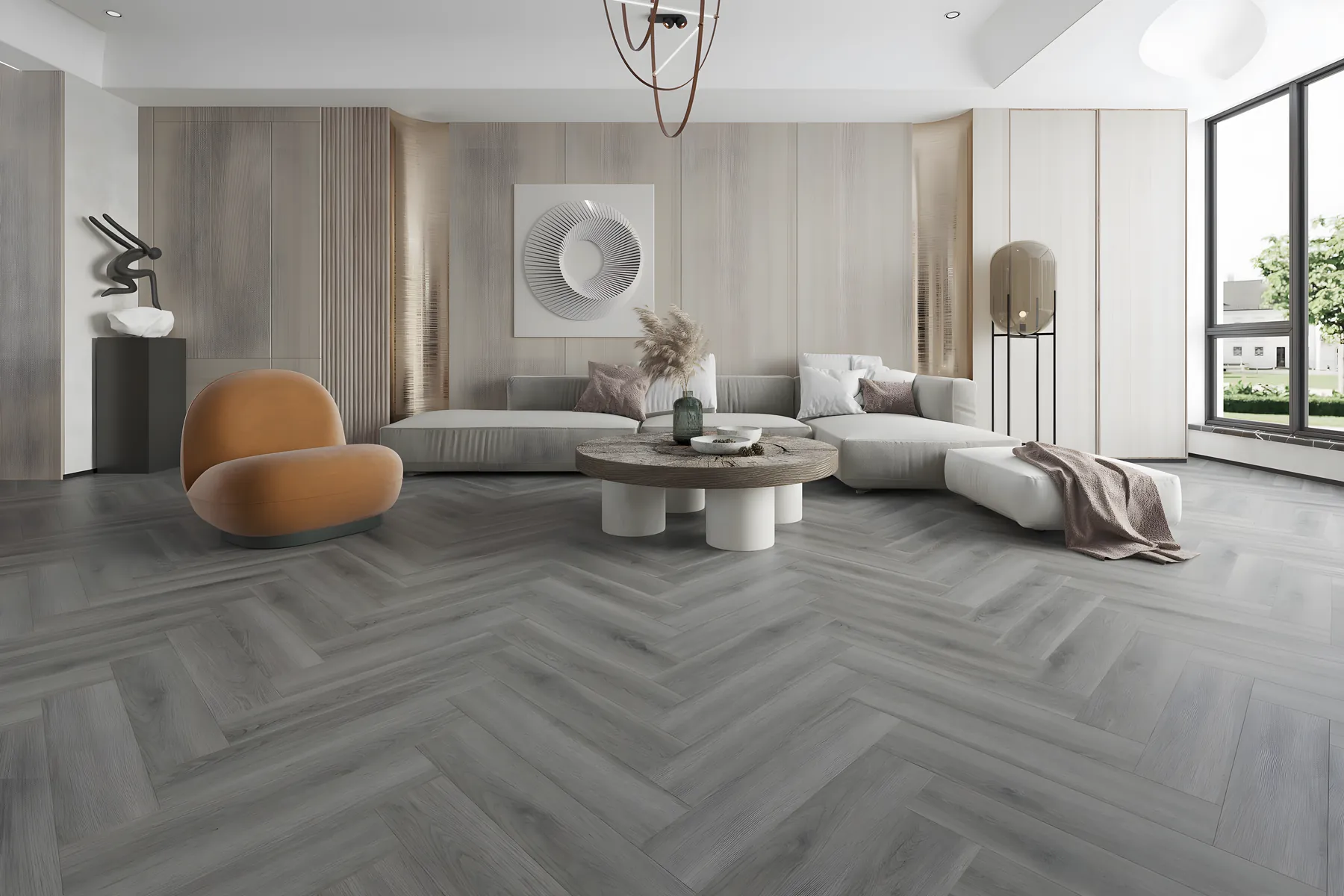 Pale oak luxury vinyl planks in a large living room
