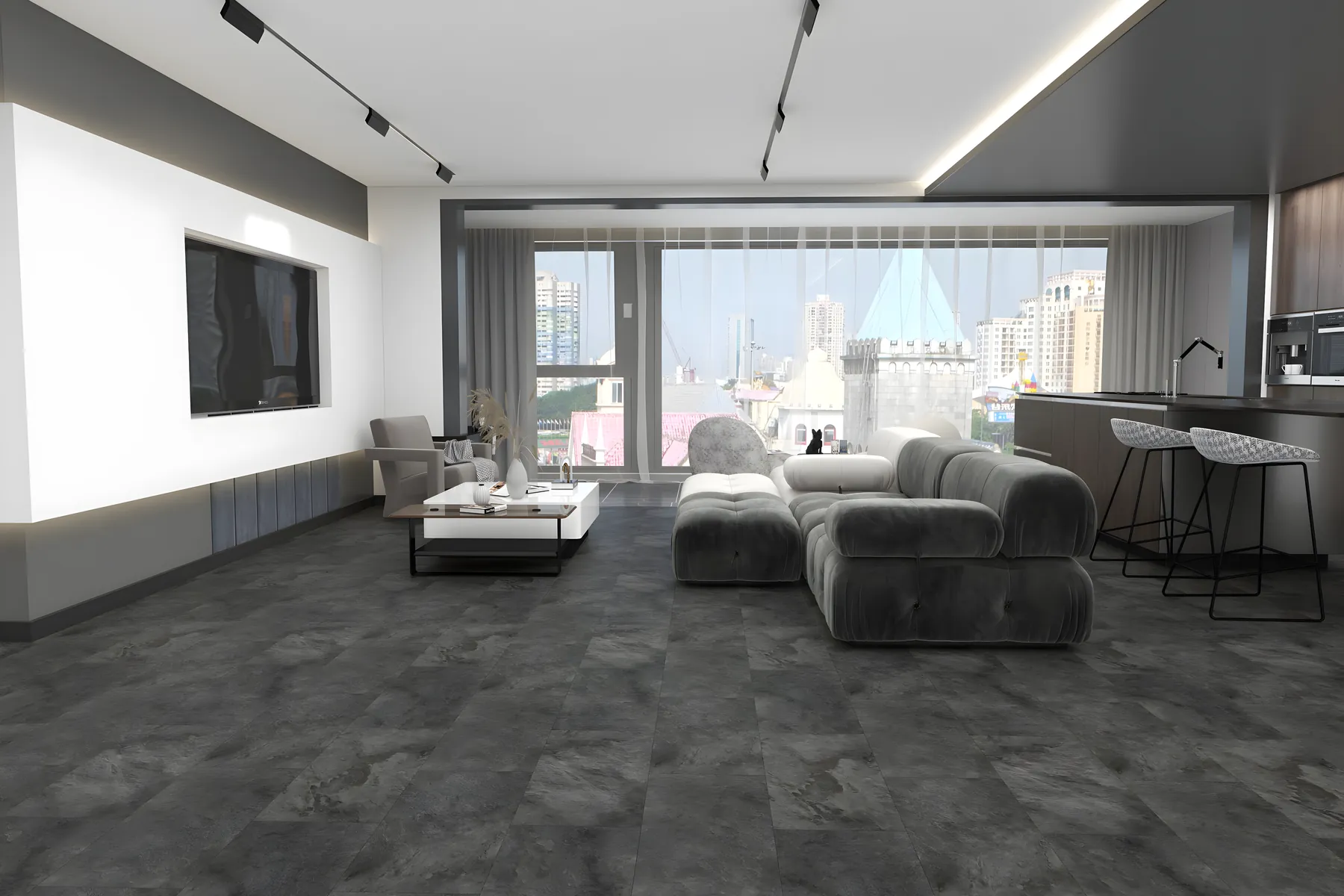 Stone effect luxury vinyl tiles in a modern living room