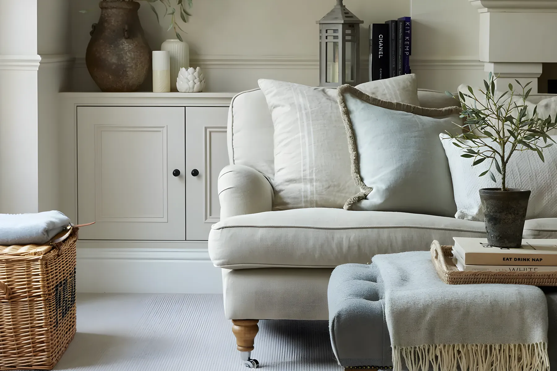 A living room with a wool loop carpet
