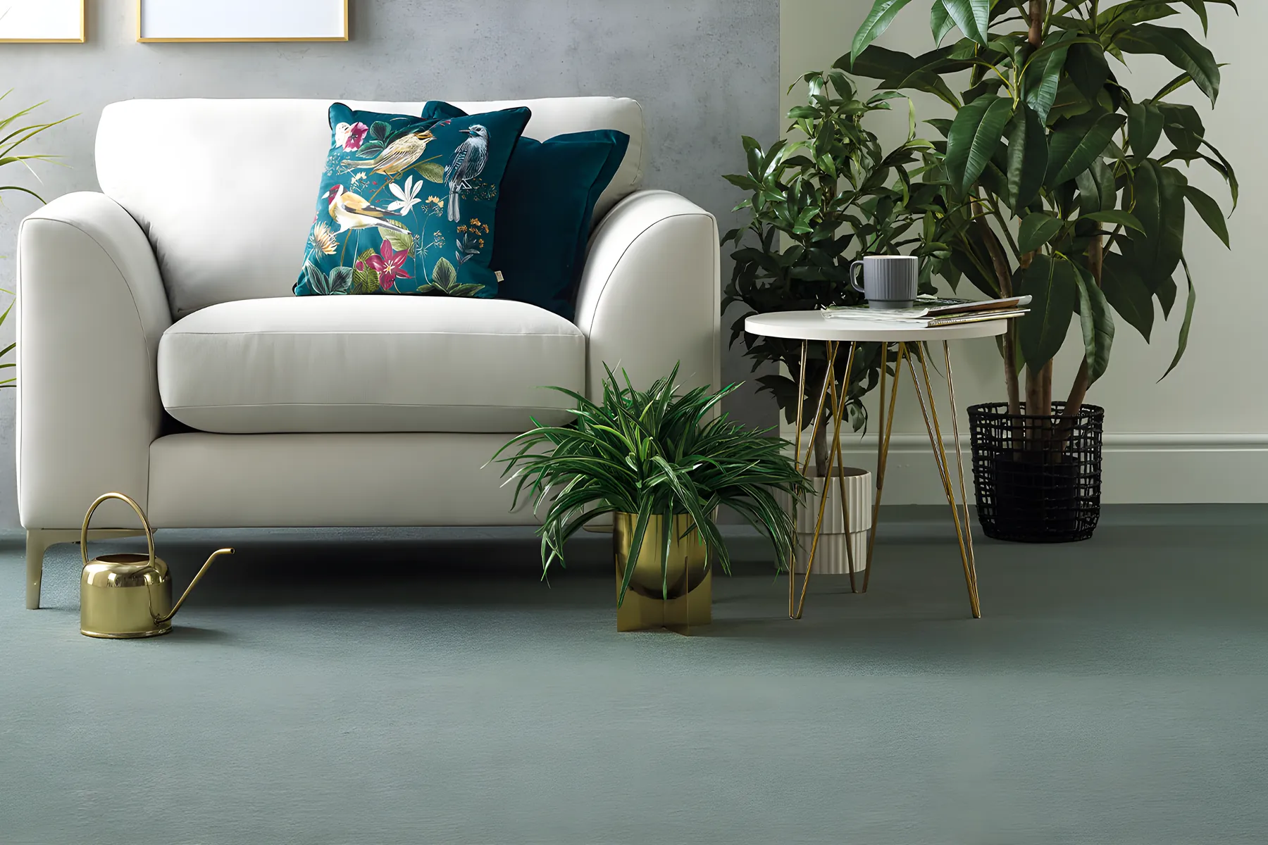 A green twist carpet in a bright room with a white armchair and plants