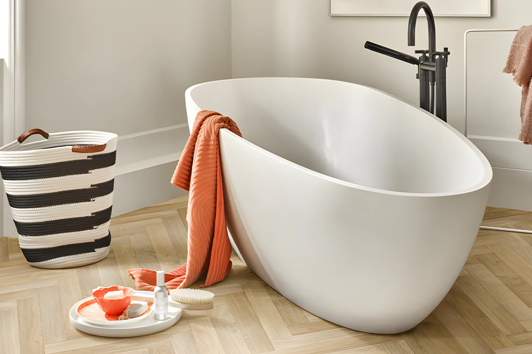 Wood effect vinyl in a bathroom with a freestanding bath