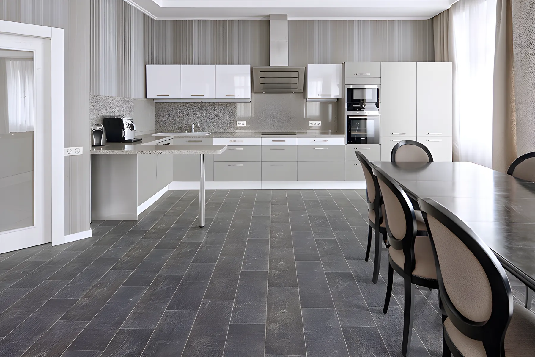 Grey tile effect vinyl in a kitchen with a dining table